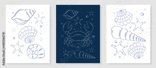 Set of minimalistic posters with hand drawn shells, clams, crabs. Tropical sea shells. Vector illustration for templates, labels, postcards, menus, prints, posters.