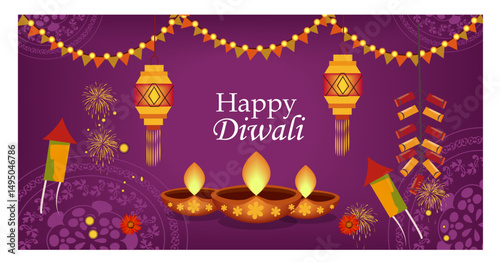 Richly Decorated Diwali Banner Illustrations with Lamps, Lanterns, and Festive Details-04