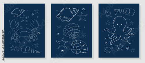 Set of minimalistic posters with hand-drawn seashells, clam, crab, octopus in sketch style. Tropical shells and clams. Vector illustration for templates, labels, postcards, menus, prints, posters.