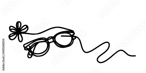 Whimsical Eyeglasses Sketch, minimalist line drawing of eyeglasses adorned with a delicate flower, creating a whimsical artistic touch