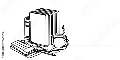 Cozy Reading Corner with Coffee Bliss, A warm cup of coffee beside a stack of books, creating a perfect moment for relaxation and learning
