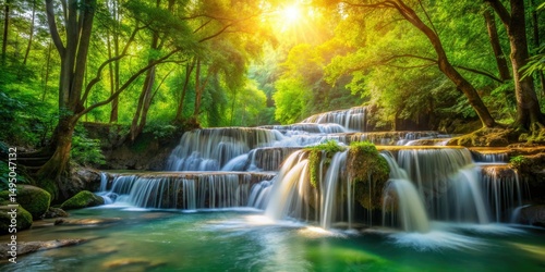 Stunning Waterfall in Lush Forest, Nature Landscape Photography, Cascading Water, Green Trees, Serenity