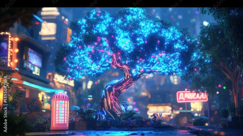 Obraz premium Neon-lit futuristic cityscape with glowing tree