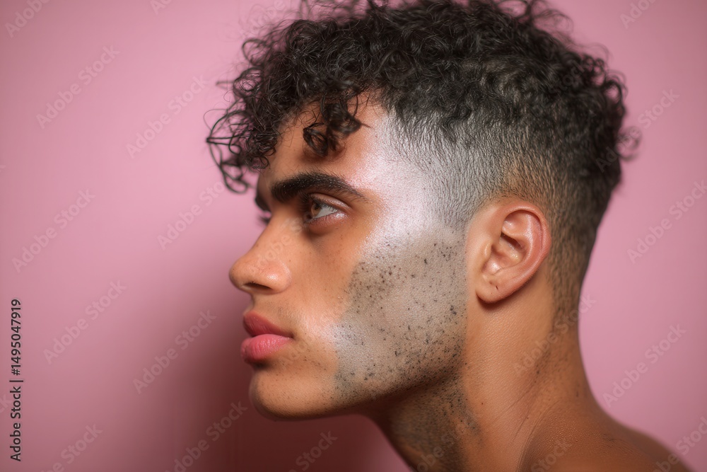 Obraz premium Young man with glitter makeup on pink background