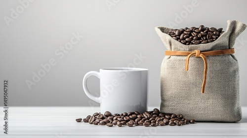 Coffee beans in a burlap sack next to a white mug