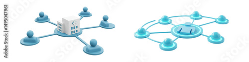3D Network and Communication Icons with Central Hub and Connected People Nodes