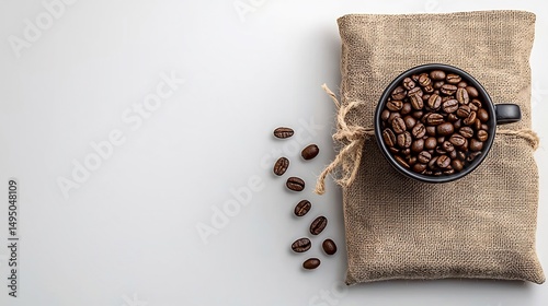 Coffee beans in a dark mug on a burlap cloth