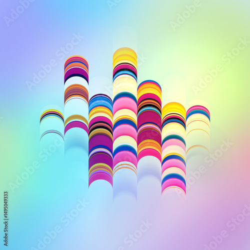 abstract background of colorful neon mosaic. Multicolored circles layered in a rhythmic pattern, arranged in even vertical rows. Playful composition