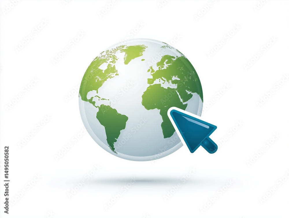 Fototapeta premium Flat vector globe with cursor pointer, internet global access, simple design, white background