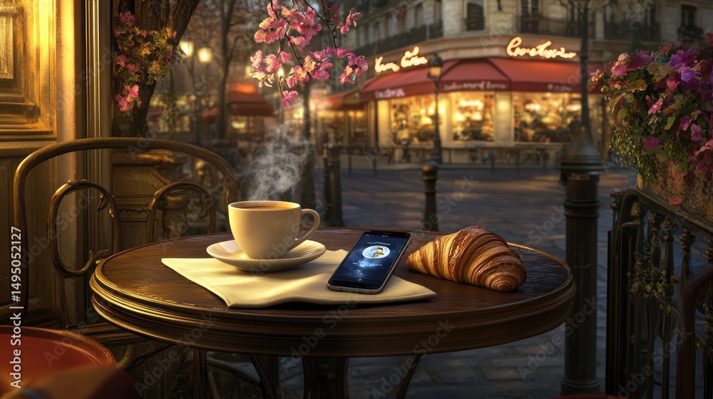 Fototapeta premium Parisian caf? scene at dusk with coffee, croissant, and phone