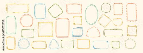 Wavy stamp frame set, vector hand drawn curved borders, abstract wiggle empty wavy curly monograms cadres kit. Minimalist squiggle scribble swirl design elements. Isolated. Vector illustration.