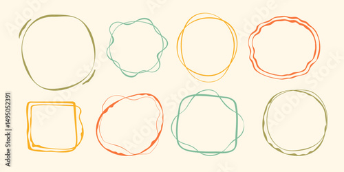 Wavy stamp frame set, vector hand drawn curved borders, abstract wiggle empty wavy curly monograms cadres kit. Minimalist squiggle scribble swirl design elements. Isolated. Vector illustration.