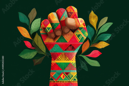 Vibrant illustration of a raised fist with intricate patterns, surrounded by colorful leaves, representing empowerment, cultural heritage, and celebration of Black History Month and Juneteenth