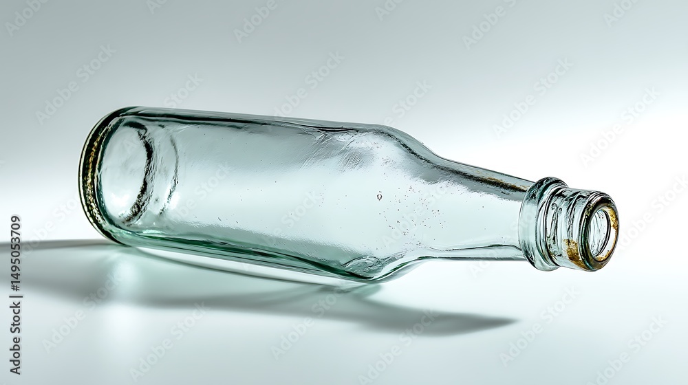 A discarded, empty beer bottle, emphasizing its glass texture and minimalist look, displayed on a simple white backdrop A discarded, empty beer bottle, emphasizing its glass texture and minimalist look, displayed on a simple white backdrop