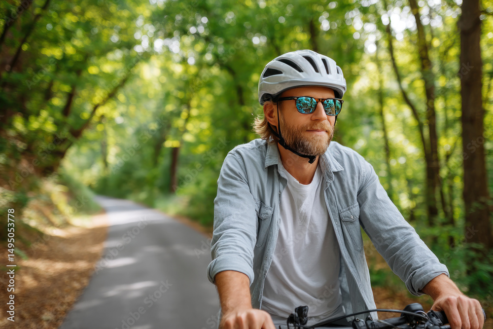 Obraz premium Male cyclist in helmet and sunglasses rides along a serene forest path, surrounded by vibrant trees and natural light, capturing the essence of outdoor exploration