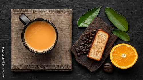 Coffee, orange slice, and cake