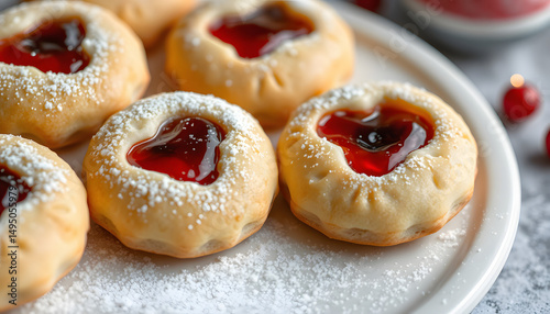 Detailed view of freshly baked homemade Linzer holiday cookies with jam filling and a light sugar dusting, magazine photoshoot. isolated with white highlights