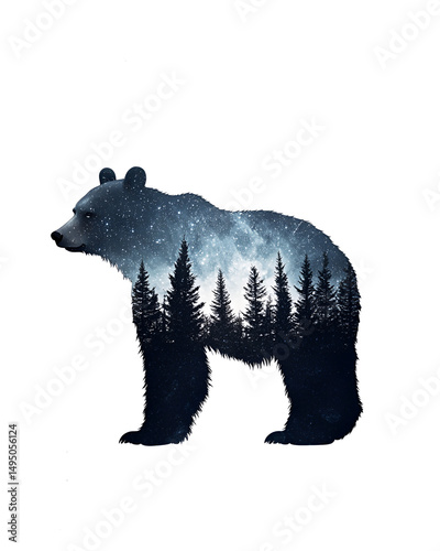 A starry night sky and tall pine trees carved into the body of a bear PNG Background