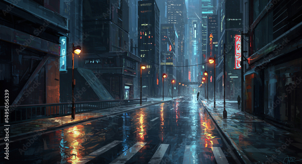 Obraz premium Rain-Slicked City Street: The heart of the city comes alive under a rainy night, the slick streets reflect the neon lights of towering buildings creating a futuristic scene.