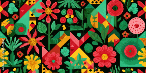 Vibrant floral design with colorful flowers and geometric shapes, symbolizing cultural heritage and unity, ideal for festive celebrations and events