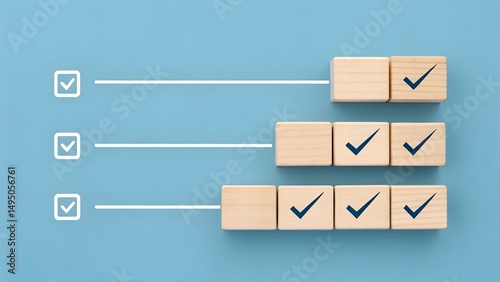 Minimal Progress Bar with Wooden Blocks and Checkboxes on Blue Background