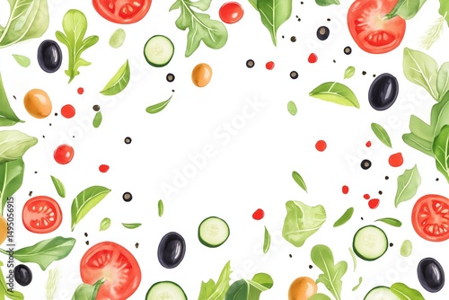 Vector summer salad bowl top view: greens, tomatoes, olives, cucumbers, cheerful colors, white background