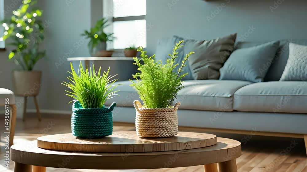 Modern Living Room with Plants on Wooden Coffee Table