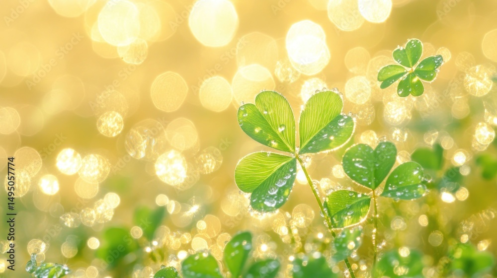 Fototapeta premium Dew-kissed clover leaves in golden sunlight