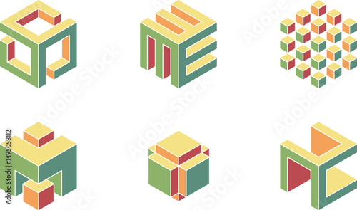Cube logo, geometric vector design. Set box logotype company, trendy techno emblem in isometric 3D style.