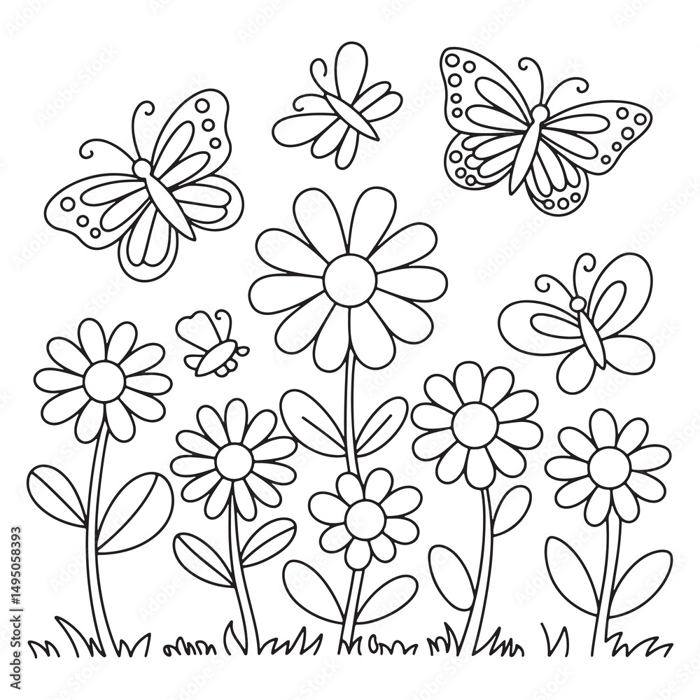 Fototapeta premium Butterflies and Flowers Line Art Coloring Page – Peaceful Garden Scene Illustration
