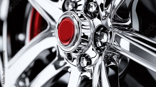 Close-up of a chrome car wheel hub with a red center cap