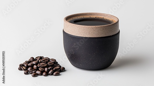 Dark ceramic coffee cup with coffee beans