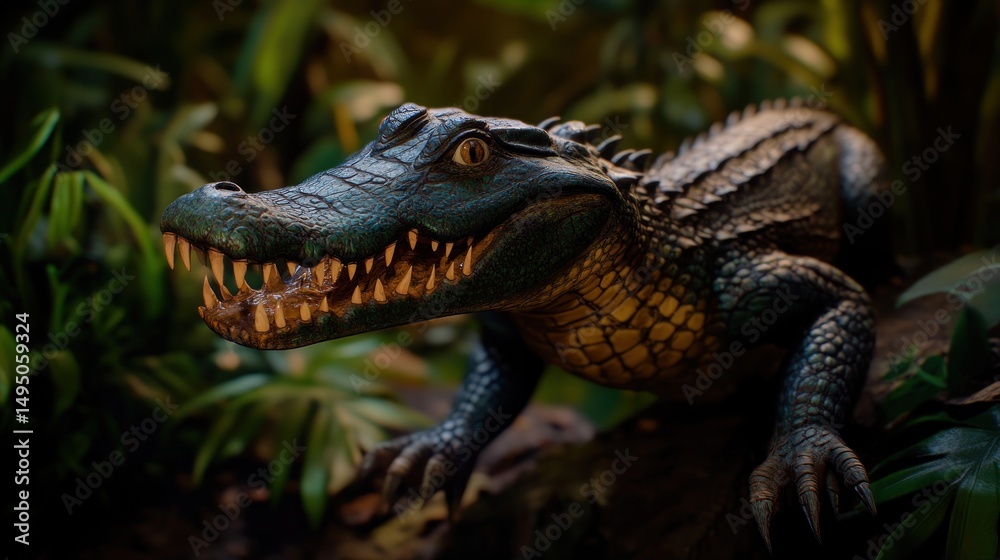 Fototapeta premium Dark teal alligator in jungle setting