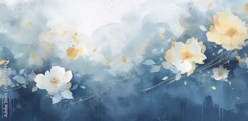 A beautiful arrangement of delicate flowers blooms against a calming blue backdrop, blending soft colors with golden accents to create an artistic representation of natures elegance and tranquility