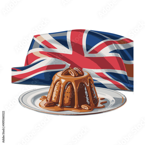 Pecan topped caramel dessert rests before the Union Jack, isolated on white