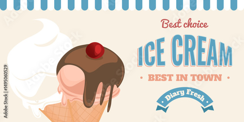 Ice cream Retro Banner. Sweet cold dessert social media advertising. Vintage brand with text. Branding for cafe and restaurant. Vintage background.