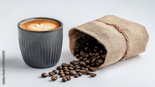 Dark coffee beverage, coffee beans in burlap sack