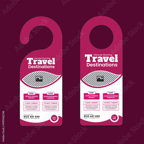 Travel agency door hanger design template for tourism services and holiday promotion

