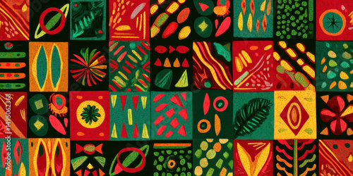 Abstract patterns in bright colors, arranged in a grid format, showcasing cultural symbols and celebrating heritage, unity, and community spirit during special occasions