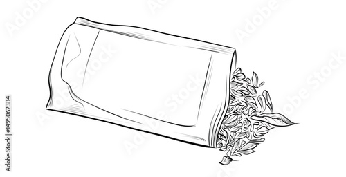 Open herbal tea package with loose leaves vector
