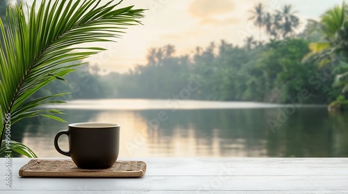 Dark coffee cup on a wooden table, tranquil river and lush forest at sunrise