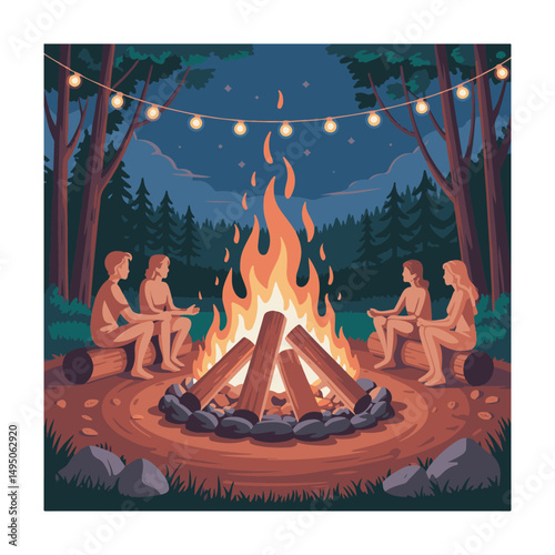 Two couples sitting around a campfire surrounded by pine trees under string lights enjoy the evening