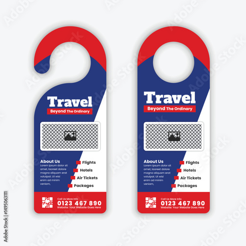 Travel agency door hanger design template for tourism services and holiday promotion

