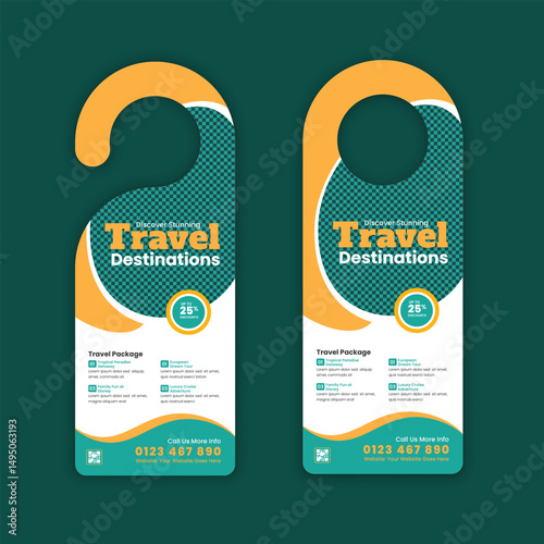 Travel agency door hanger design template for tourism services and holiday promotion

