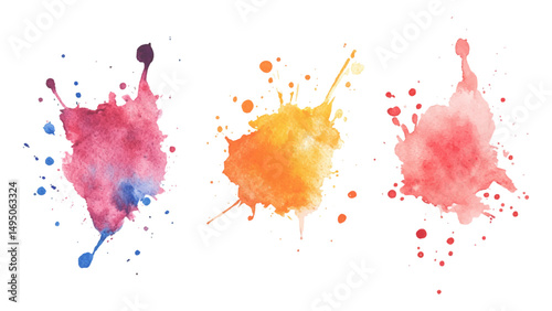Three watercolor spots with colorful drops and spray on a white background. Colorful watercolor brush strokes vector. set of paint splatter illustration.