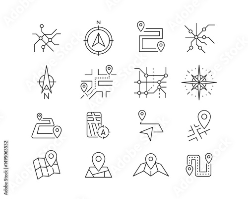 Maps and Navigation Icon collection containing 16 editable stroke icons. Perfect for logos, stats and infographics. Edit the thickness of the line in Adobe Illustrator (or any vector capable app).