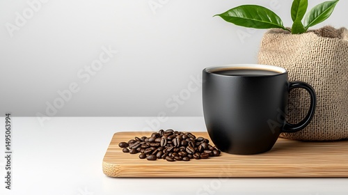 Dark coffee in a black mug with coffee beans on a wooden tray
