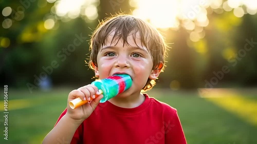 Young child enjoying a colorful popsicle in a sunlit park, surrounded by greenery and soft light