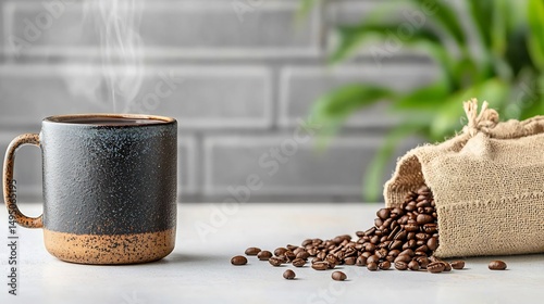 Dark coffee in a ceramic mug, spilling beans from burlap sack