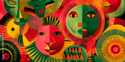 Abstract illustration showcases vibrant faces and sun motifs, symbolizing cultural heritage and unity, ideal for celebrating Black History Month and Kwanzaa